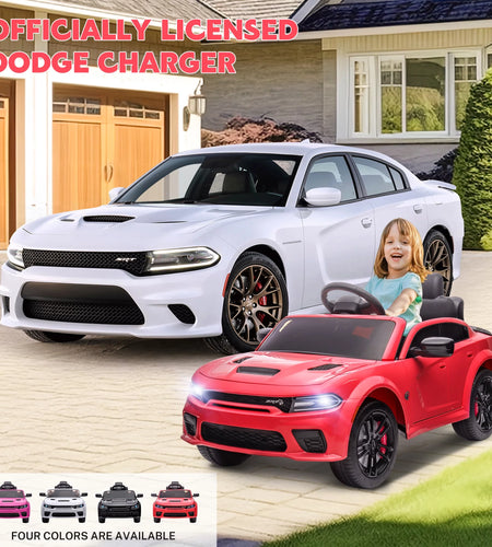 Dodge Electric Ride on Cars for Kids, 12V Licensed Dodge Charger SRT Powered Ride on Toys Cars with Parent Remote Control, Electric Car for Girls 3-5 W/Music Player/Led Headlights/Safety Belt, Red